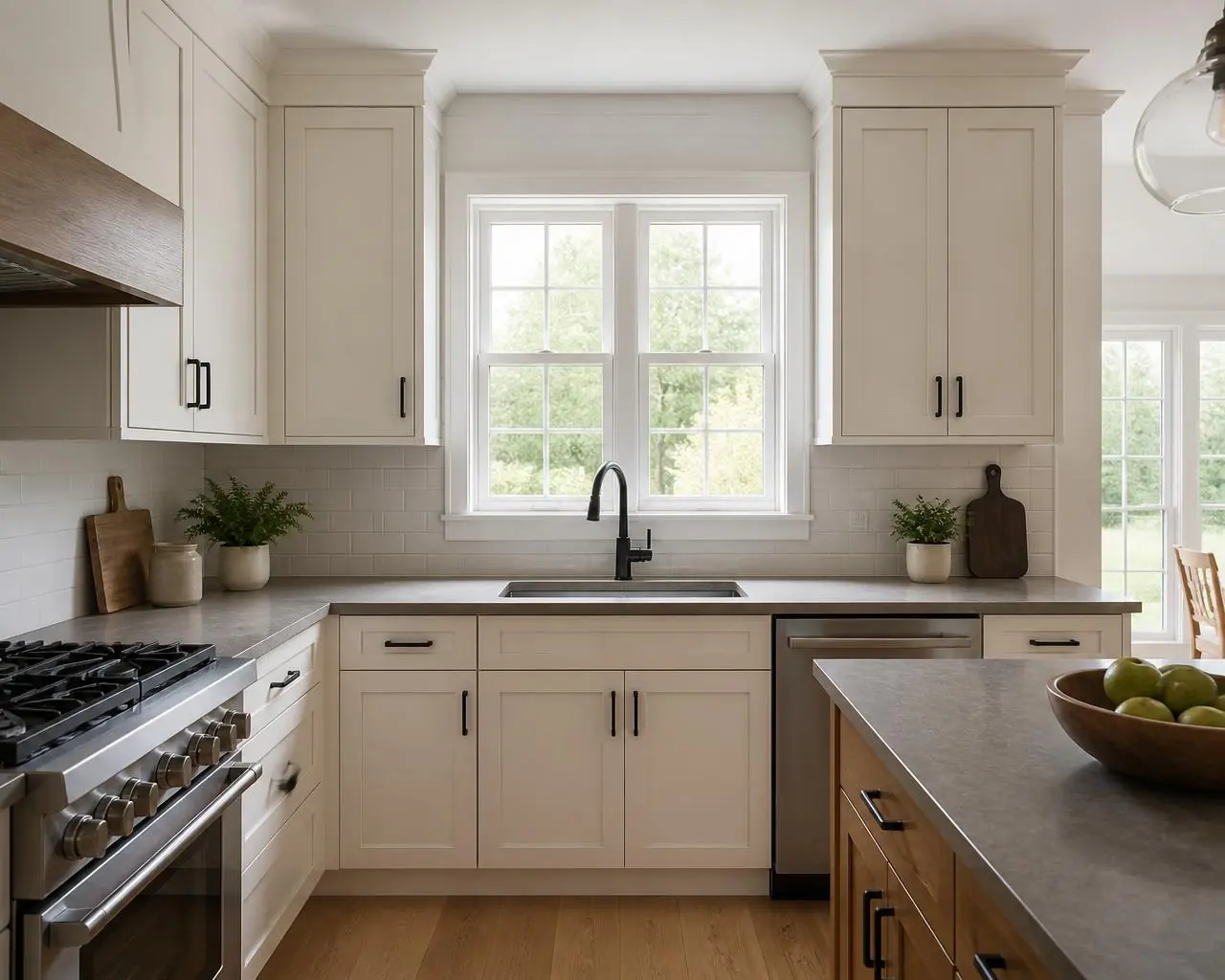 Completed kitchen remodel with cream shaker cabinets, a grey stone countertop and a window above the sink