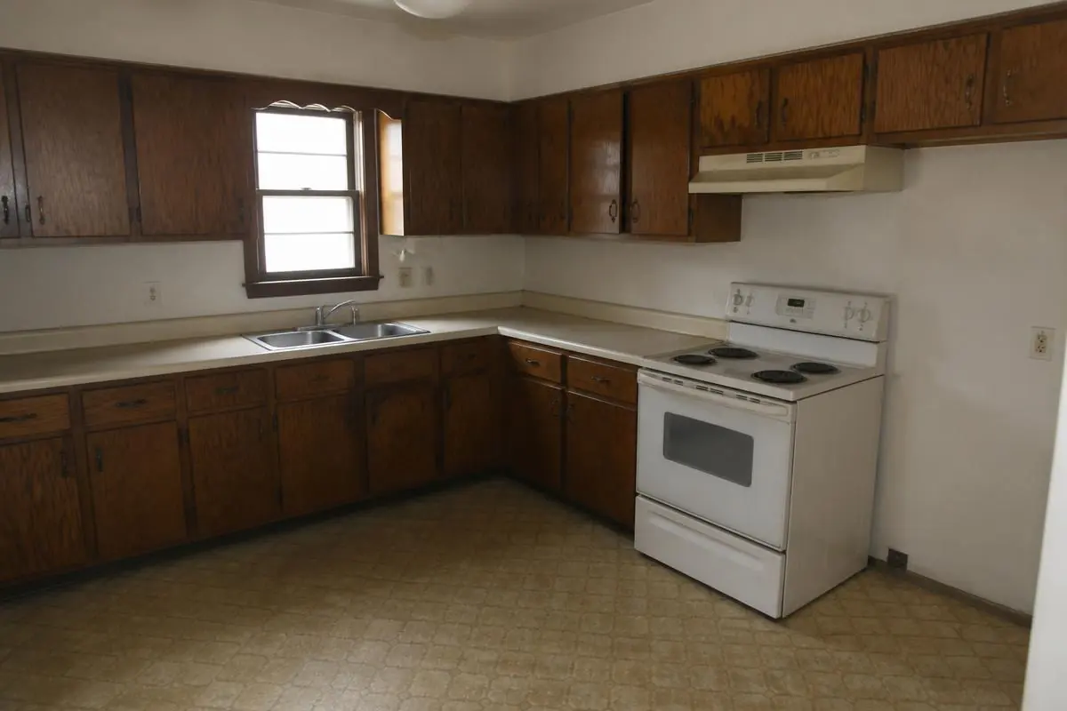Dated kitchen with dark oak cabinets, laminate counters and vinyl flooring before renovation