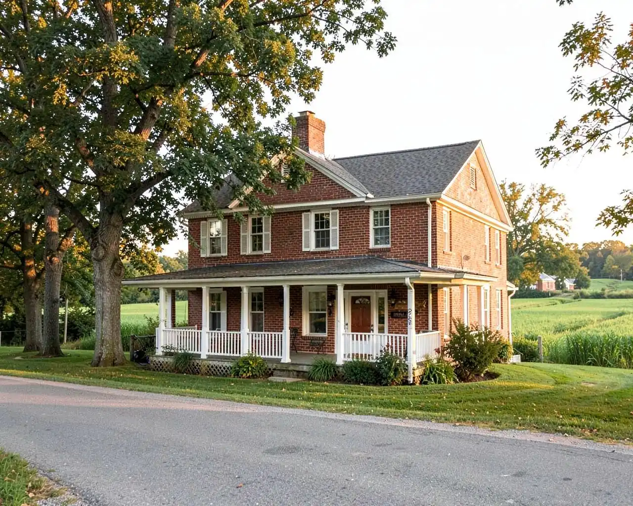 Red brick Lancaster County farmhouse with a wide front porch and white trim beside green farmland